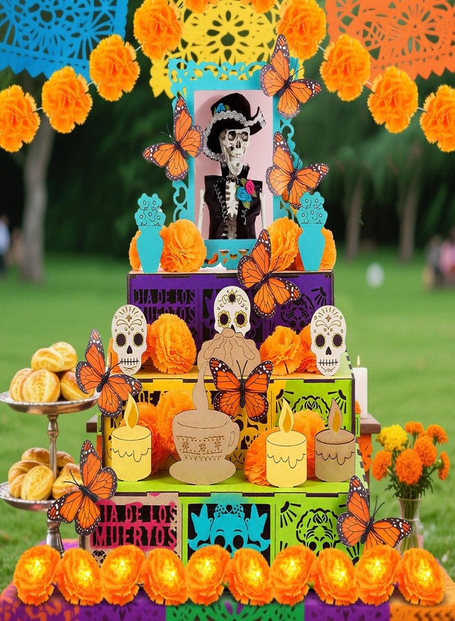 Colingmill 34 Pcs Dia De Los Muertos Decorations Day of the Dead Altar Kit Dia De Los Muertos Altar Ofrenda Shadow Box Wooden Included 6 Inch Marigold Garland with Light Flower Butterfly (Classic) - Image 4